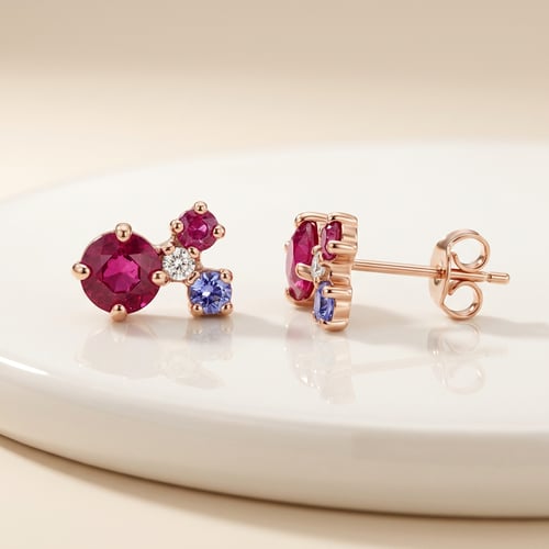 Silberne Ohrstecker mit Tansanit, Turmalin, Rubin und einem Diamanten Kerrie