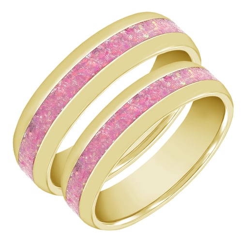Goldene Eheringe mit rosa Opalfüllung Paole