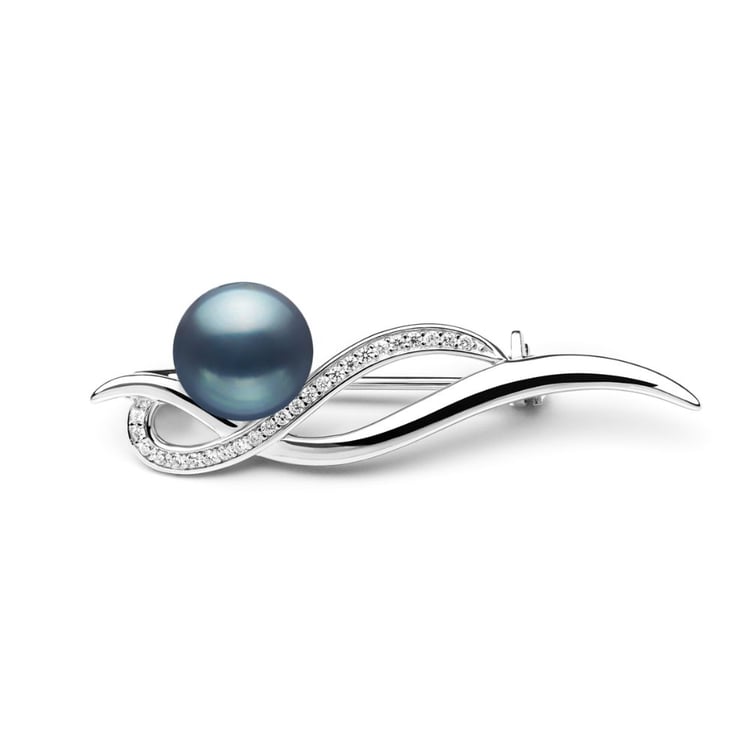 Silberne Brosche mit schwarzer Perle und Zirkonia Otmar