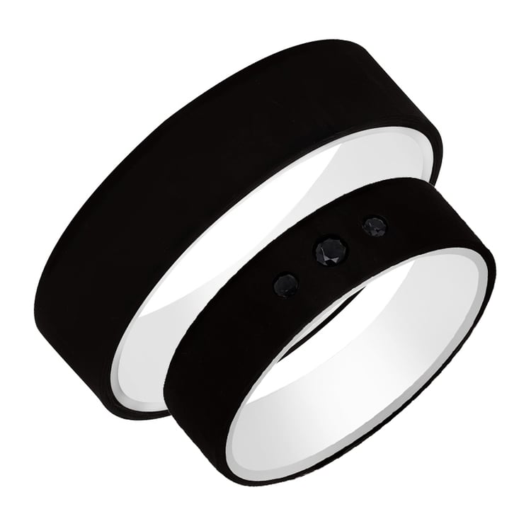 Flache Trauringe aus Carbon und Gold mit schwarzen Diamanten Walker 99204