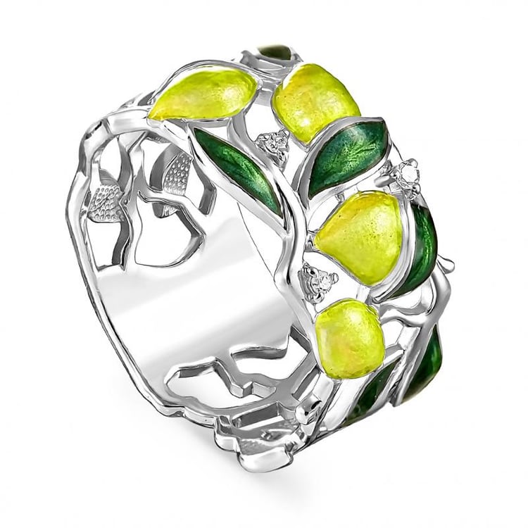 Silber Diamantring mit Emaille und Zitronen Cammi