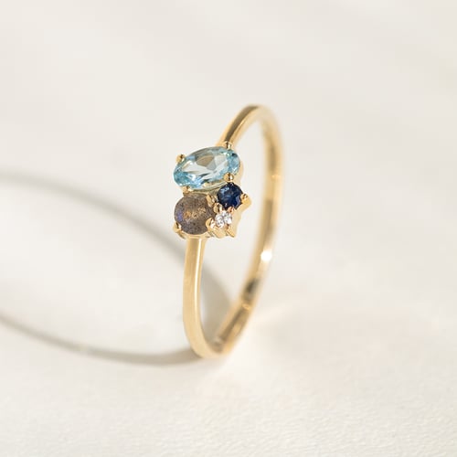 Cluster-Ring mit Aquamarin, Labradorit, Saphir und Diamant Bluma