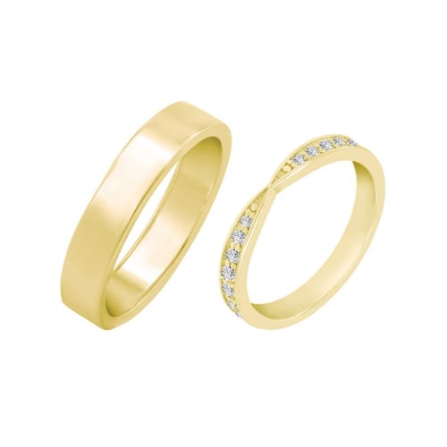 Eheringe aus einem Eternity-Ring mit Moissaniten und einem flachen Ring Turpein