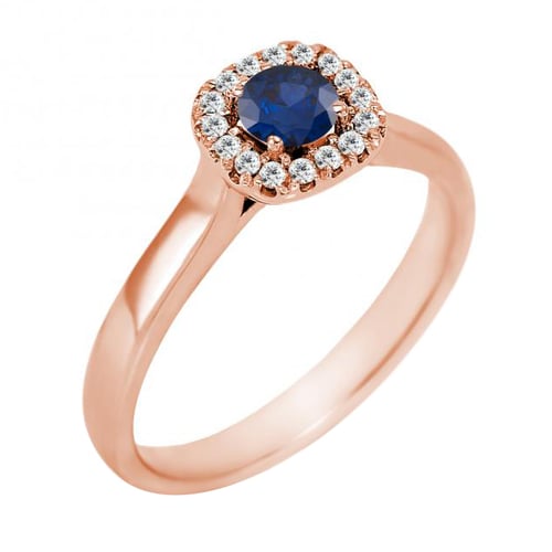 Goldener Verlobungsring mit Saphir und Diamantenkranz Reley