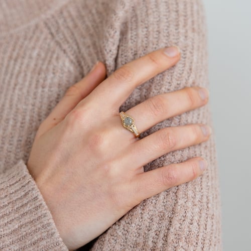 Verlobungsring im Halo-Stil mit einem Salt and Pepper Diamanten Heshmy