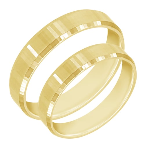 Goldene Trauringe mit abgeschrägten Kanten und unkonventioneller Oberfläche Roel