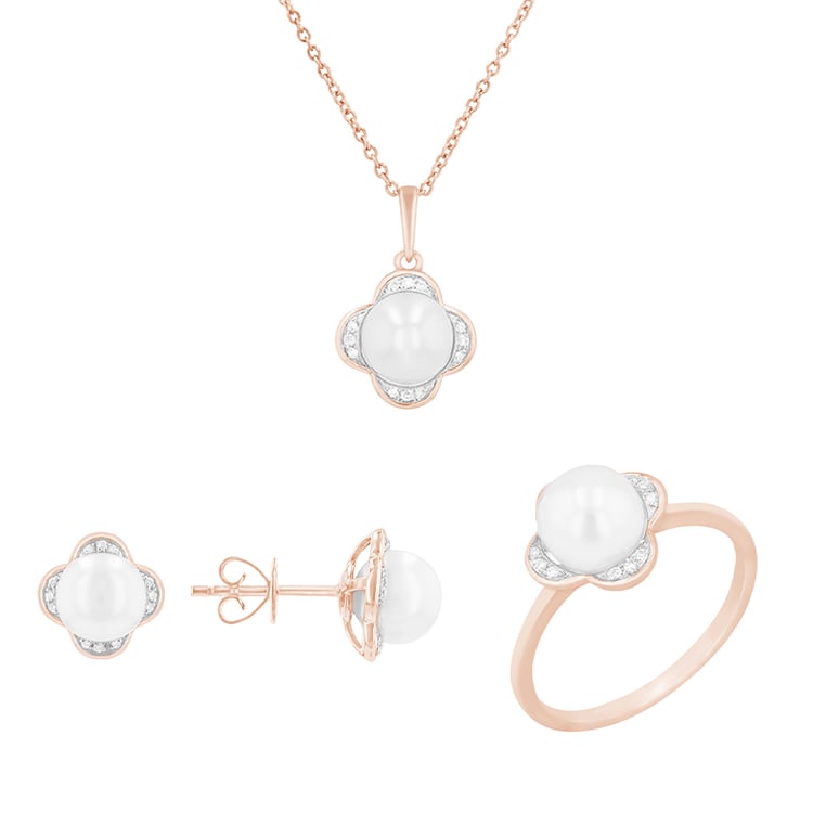 Goldenes Perlenset mit Diamanten in Blumenform Zahid