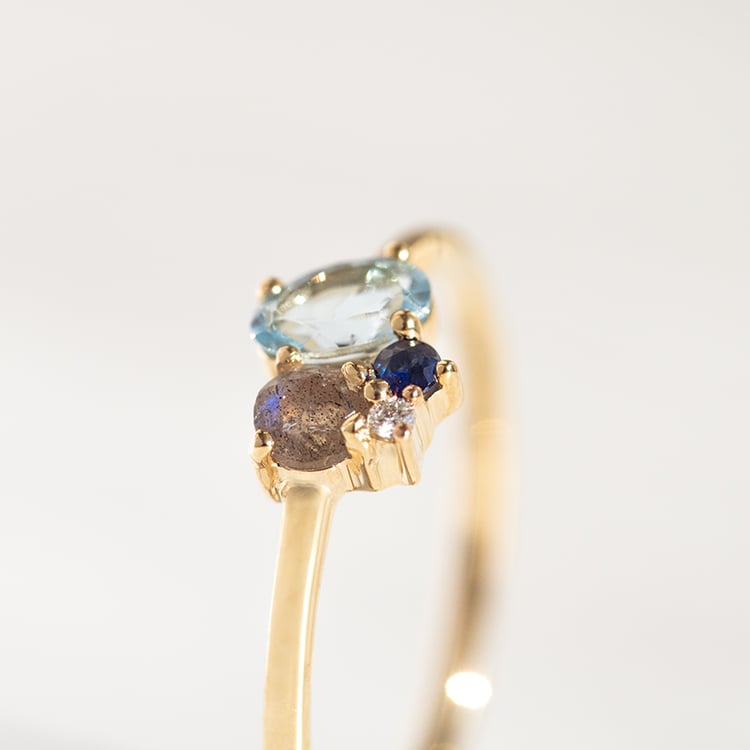 Cluster-Ring mit Aquamarin, Labradorit, Saphir und Diamant Bluma 145043