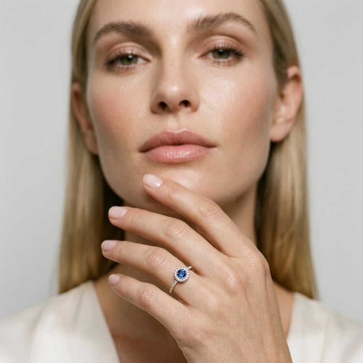 Silber Halo-Ring mit blauem Saphir und Lab Grown Diamanten Lys 169228