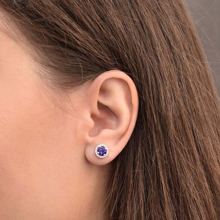 Goldene Ohrringe mit Amethysten im Halo-Stil Badulf 108275