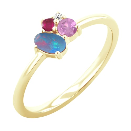 Goldener Cluster-Ring mit Opal, Rubin, Saphir und Diamant Bluma