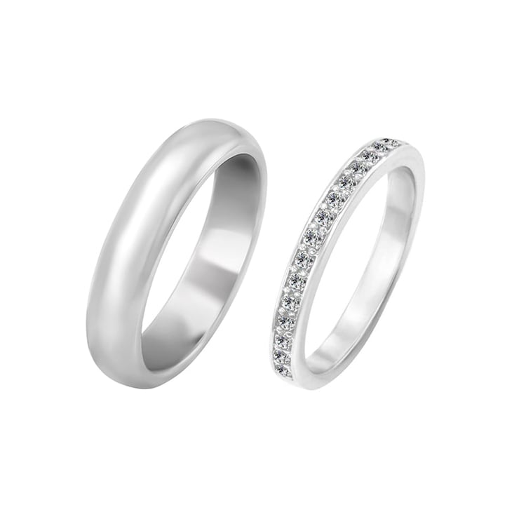 Eheringe aus Eternity-Ring mit Lab Grown Diamanten und einem breiten halbrunden Ring Zyte 102009