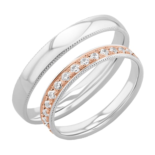 Goldene Eheringe mit verzierten Rändern und Diamanten Tasha