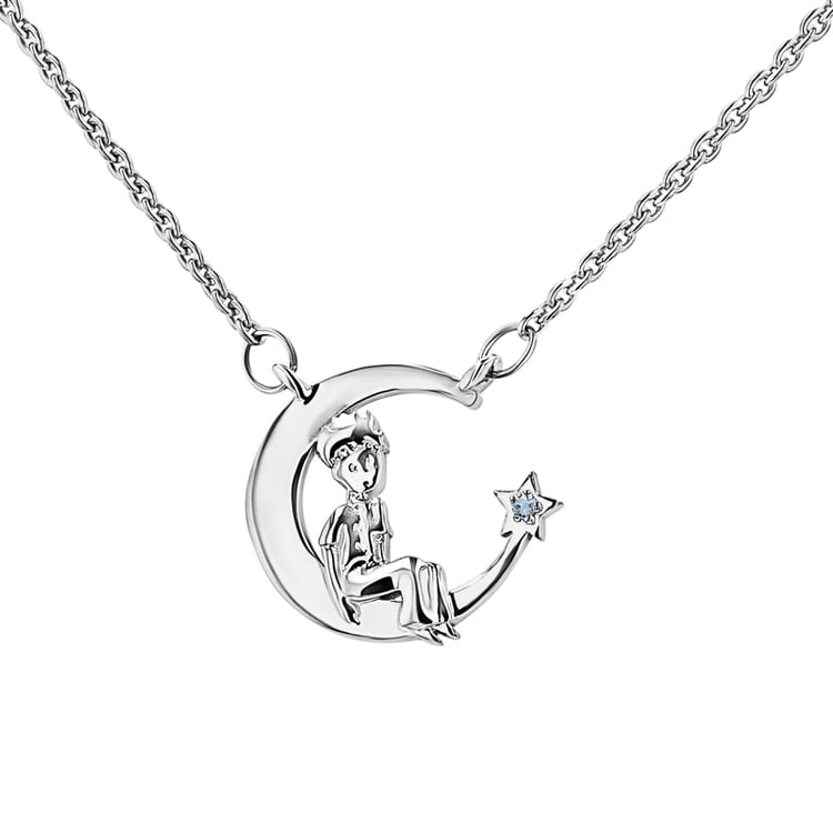 Silberne Halskette in Form einer Mondsichel mit Edelstein nach Wahl Kleiner Prinz