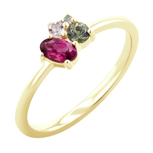 Cluster-Ring mit Rodolithgranat, Saphir, Morganit und Olivin Bluma