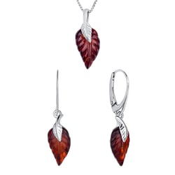 Silbernes Set mit Bernstein in Blattform Lapas