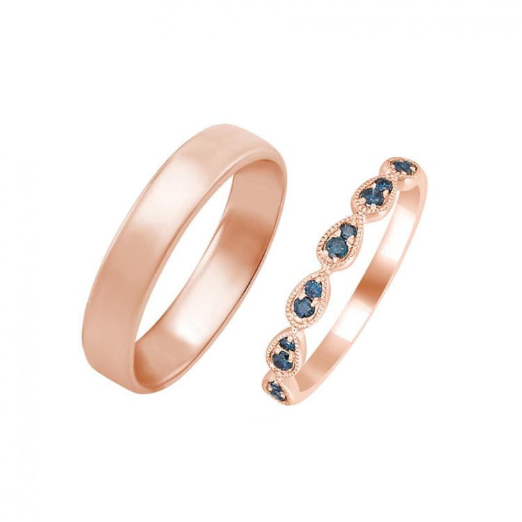 Vintage Trauring mit blauen Diamanten aus Rosegold und Rosegold Trauring 30791