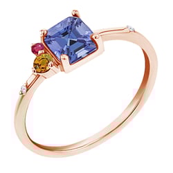 Cluster-Ring mit einem Asscher Tansaniten, Padparadscha-Saphir, Rubin und Diamant Kenny