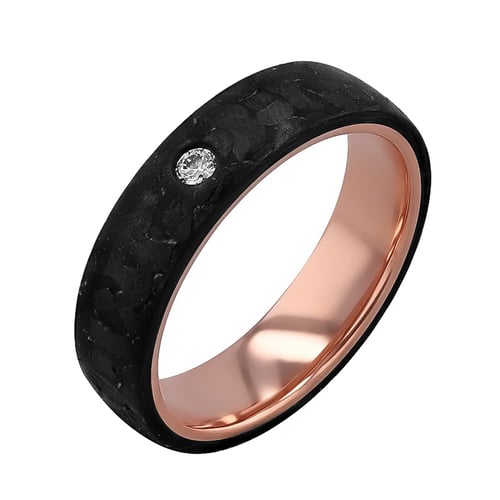 Leicht abgerundete Eheringe aus Carbon und Gold mit Diamant Katu