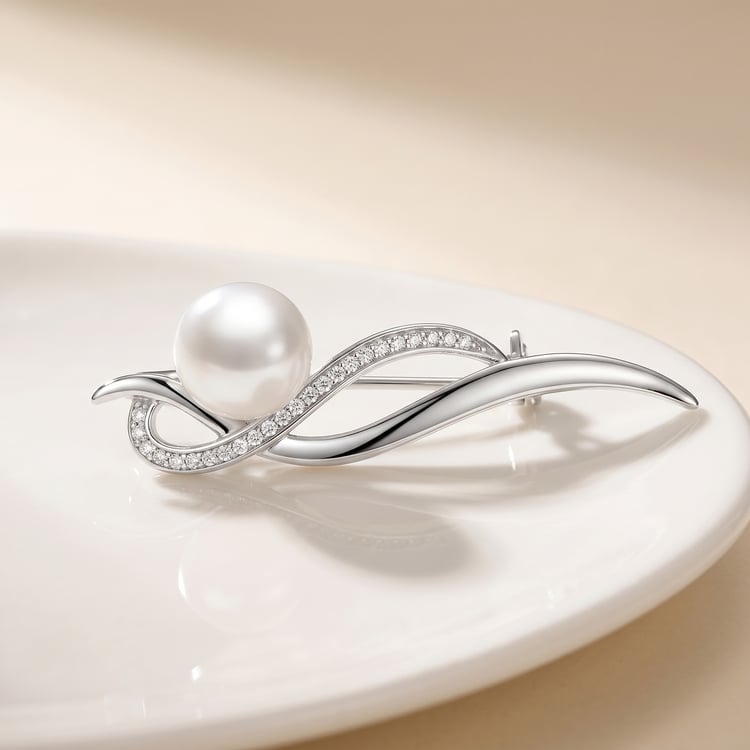 Silberne Brosche mit weißer Perle und Zirkonia Otmar 167805