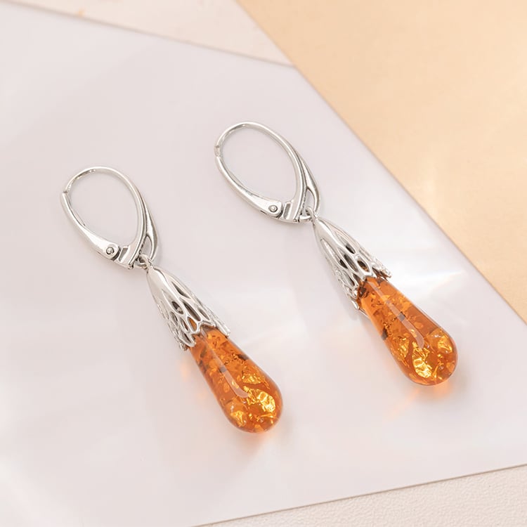 Silberne Ohrringe mit Bernsteinen in Tropfenform Rose 152776