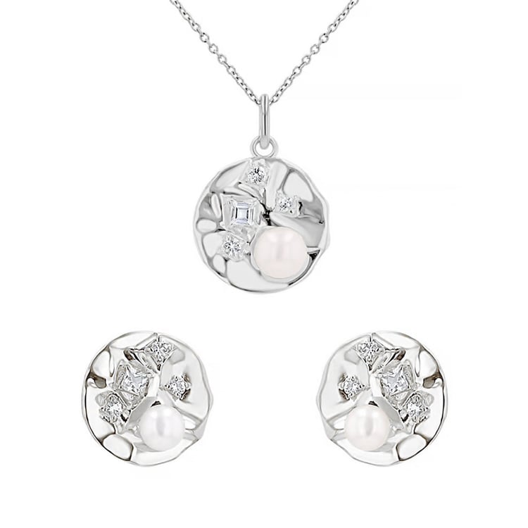 Silbernes Schmuckset mit Perlen und weißen Topasen Darleen 164111