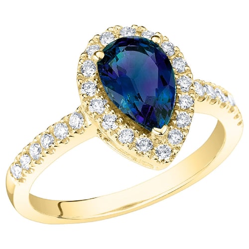 Goldener Ring mit Lab Grown Alexandrit in Tropfenform und Diamanten Mason
