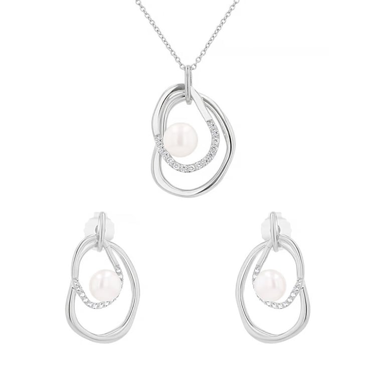 Silbernes Schmuckset mit Perlen und weißen Topasen 164118