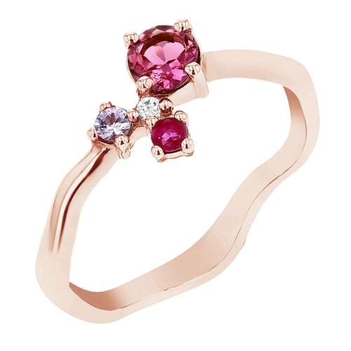 Silberner Cluster-Ring mit Turmalin, Tansanit, Rubin und einem Diamanten Roche