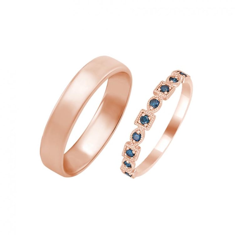 Rosegold Vintage Ehering mit blauen Diamanten 30738