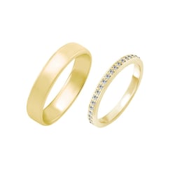 Eheringe aus Eternity-Ring mit Moissaniten und ein breiter Komfort-Ring Mewya