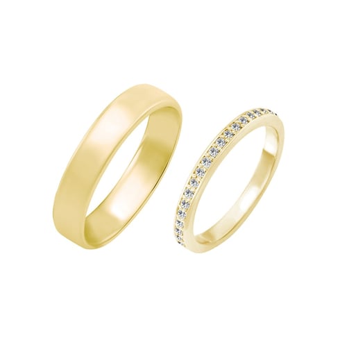 Eheringe aus Eternity-Ring mit Moissaniten und ein breiter Komfort-Ring Mewya