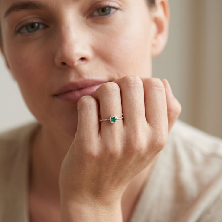 Silber Halo-Ring mit Smaragd und Lab Grown Diamanten Lys 171001