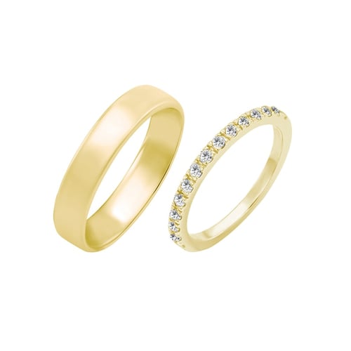 Eheringe aus einem Eternity-Ring mit Moissaniten und einem Komfort-Ring Driany