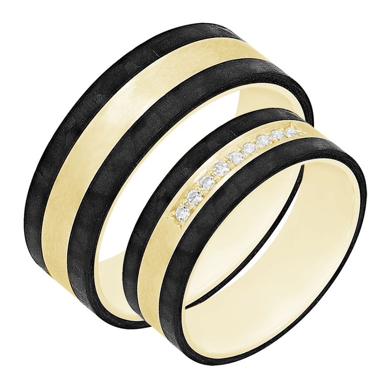 Flache Trauringe aus Carbon und Gold mit Diamanten Moserah 80034