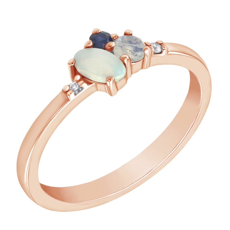 Cluster-Ring mit Opal, Saphir, Mondstein und Diamanten Elsa