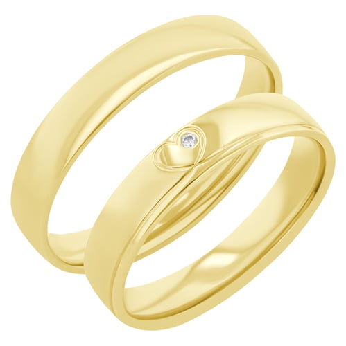 Goldene Eheringe mit einem Herzen und einem Diamanten Maline