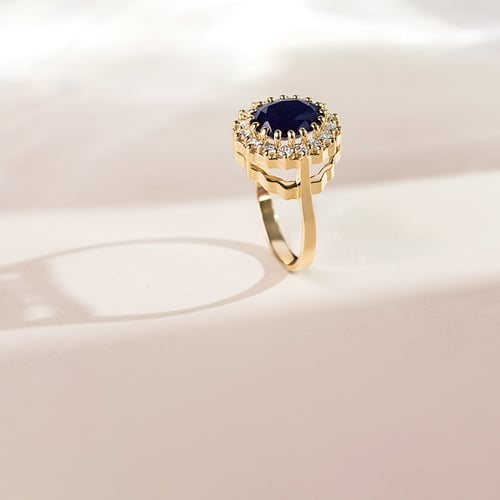 Eleganter Halo Verlobungsring mit Saphir und Diamanten Chrys