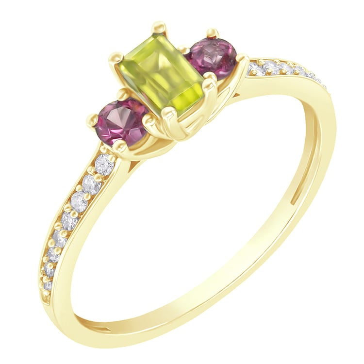 Goldener Diamantring mit Olivin und Rhodolith Granat Salome 78597
