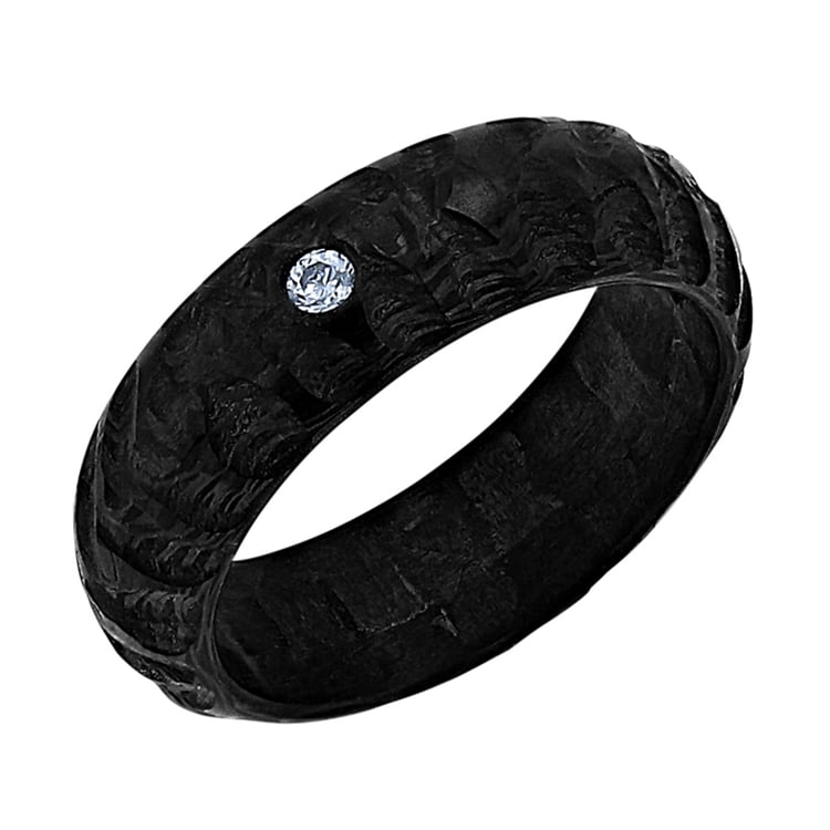 Trauringe aus Carbon mit atypischer Oberfläche und Diamant Mingus 140342