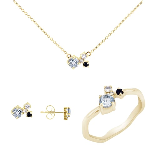 Silbernes Schmuckset mit Aquamarinen, Saphiren, Mondsteinen und Diamanten Halli