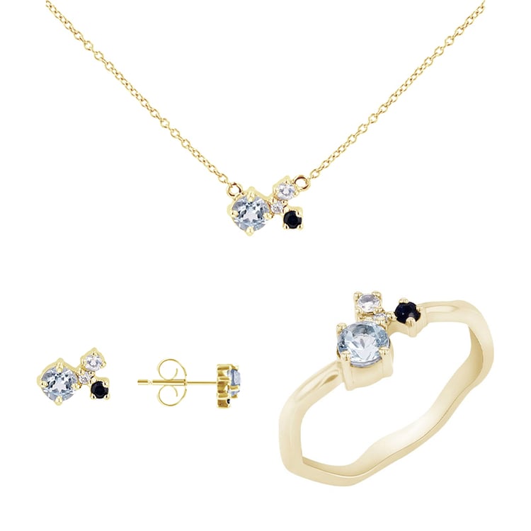 Silbernes Schmuckset mit Aquamarinen, Saphiren, Mondsteinen und Diamanten Halli 116713