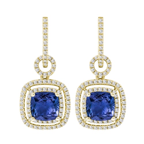 Goldene hängende Ohrringe mit Tansaniten und Diamanten Balliaas