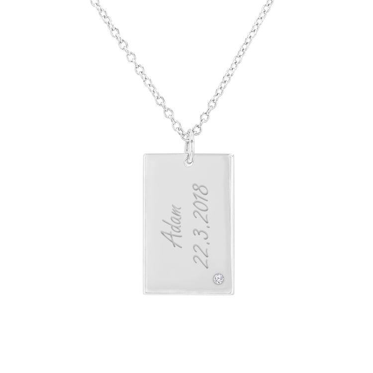 Rechteckiger Anhänger aus Gold mit einem Diamanten und Gravur Mays