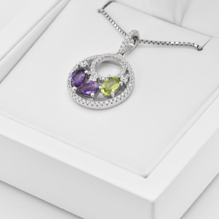 Silberne Halskette mit Olivinen und Amethysten Dusteenah 9549