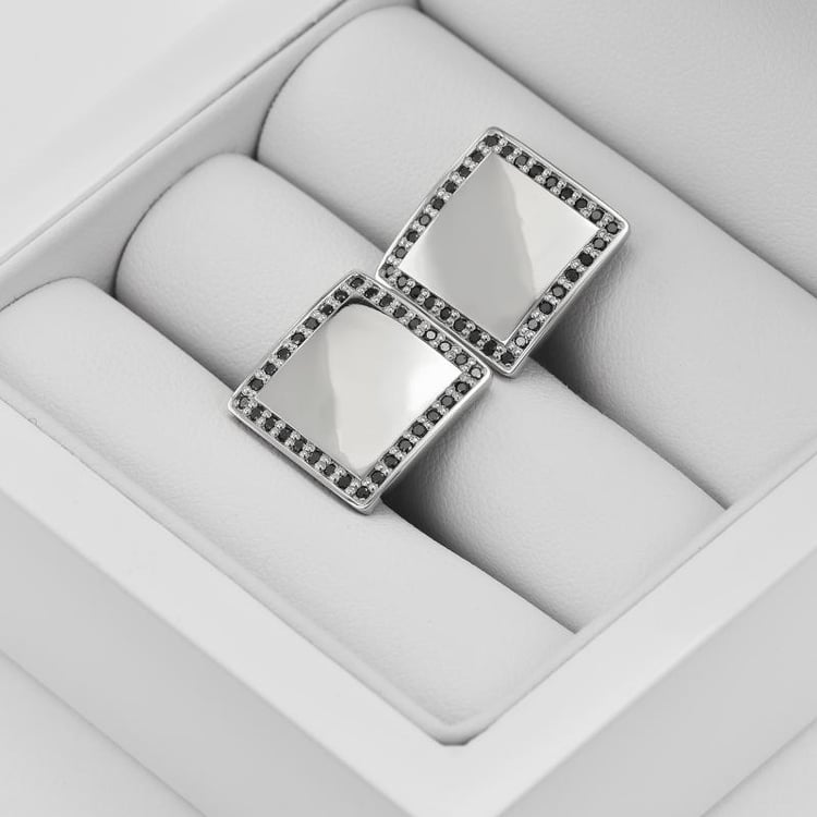 Silberne Manschettenknöpfe mit schwarzen Diamanten in Eppi-Geschenkbox 9172