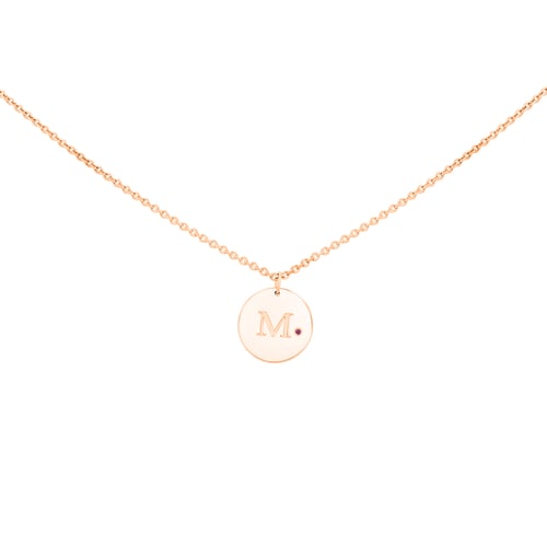 Goldener Anhänger mit rosa Saphir und Gravur eines Buchstabens M Milo