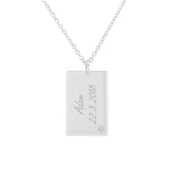 Rechteckiger Anhänger aus Platin mit einem Diamanten und Gravur Mays