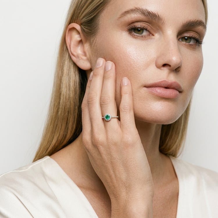 Silber Halo-Ring mit Smaragd und Lab Grown Diamanten Lys 169429