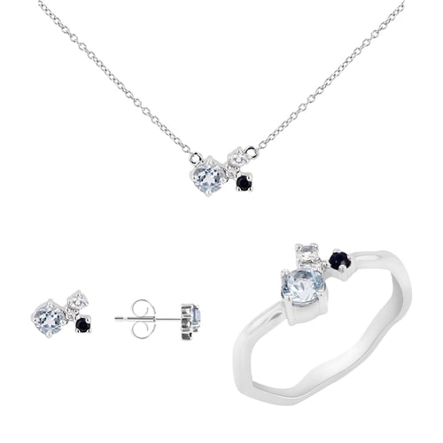 Silbernes Schmuckset mit Aquamarinen, Saphiren, Mondsteinen und Diamanten Halli